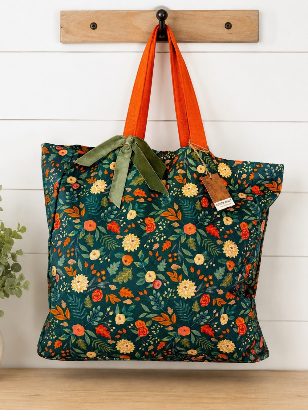Floral Tote Bag with Orange Handles
